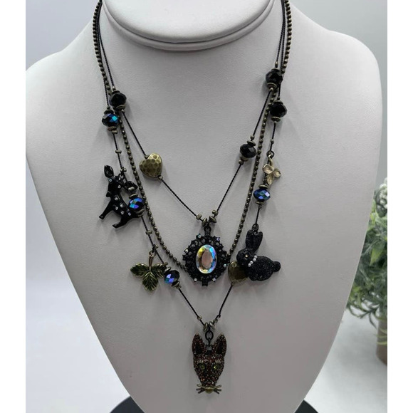 Betsey Johnson Dark Forest Triple Strand Gunmetal Necklace Fox Rabbit Charms - Picture 1 of 16